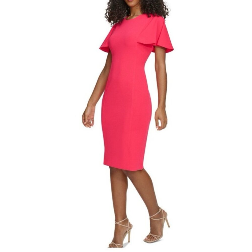 Calvin Klein Dress 8 Azalea Pink Scuba Sheath Flutter Sleeve Career Church
